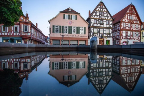 View of an old town, half-timbered houses and streets in a town. Seligenstadt am Main, Hesse