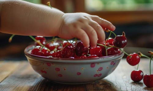 Close-up of a child's hand reaching for a ripe cherry from a bowl AI generated