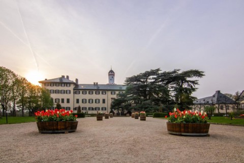 A castle with park at sunset. Historic building. Summer residence of the Prussian kings and German