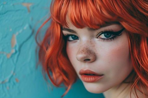 Portrait of young attractive woman with red hair with bob hairstyle with bangs and black eye makeup