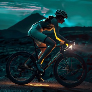 A cyclist rides a road bike at night near a town with a mountain view, AI generated
