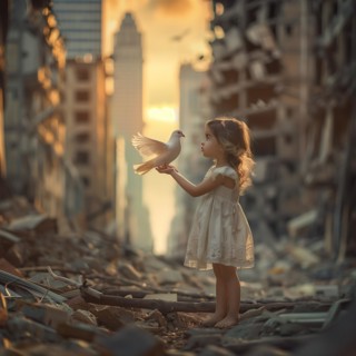 A little girl stands in the midst of rubble and gently holds a white dove, destroyed houses, war,