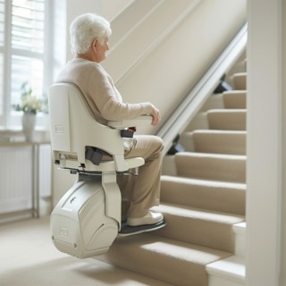 A pensioner rides a stair lift up a flight of stairs, AI generated