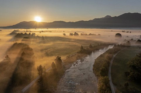 Aerial view, river with fog in front of mountains, sunrise, backlight, summer, Loisach, Alpine