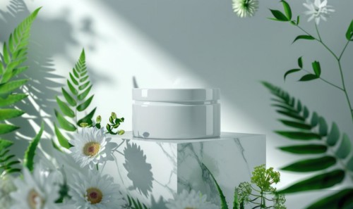 Aloe vera gel product promotion featuring a blank jar mockup showcased on a marble produce podium