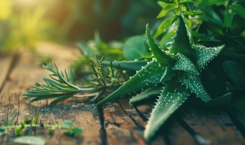 Close-up of aloe vera leaves and fresh herbs arranged on a wooden table AI generated