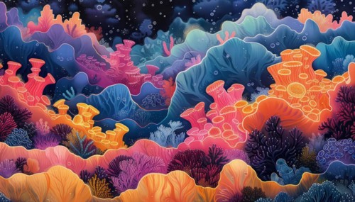 Artistic interpretation of a serene underwater scene with colorful coral formations, AI Generated,