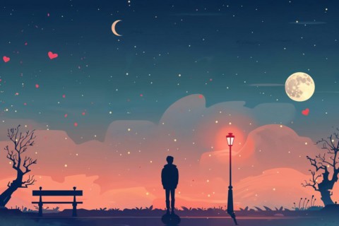 A person stands alone at night under a street lamp, surrounded by moonlight and hearts, lunar cycle