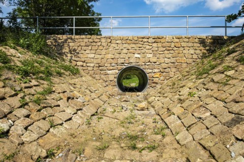 Dry, stone-built canal and continuous canal pipe, Pillnitz, Dresden, Saxony, Germany, Europe