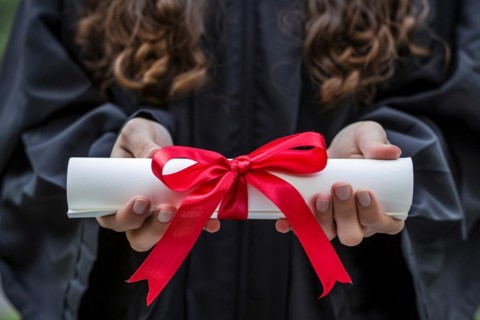 Degree paper certificate roll with red ribbon held by young woman in graduation robe. KI generiert,