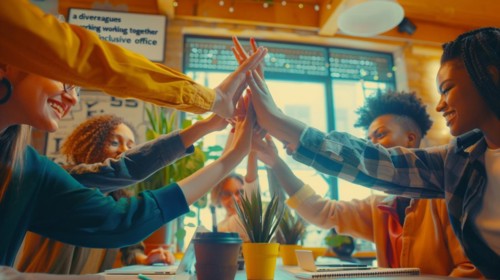 Energetic team giving a group high-five in a vibrant office atmosphere, signifying unity and