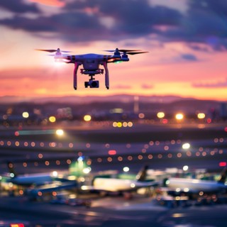A drone flies at sunset with an aeroplane and illuminated runway in the background, drone, attack,