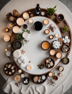 Tranquil spa setting with meticulously arranged candles, stones, and natural elements from a top