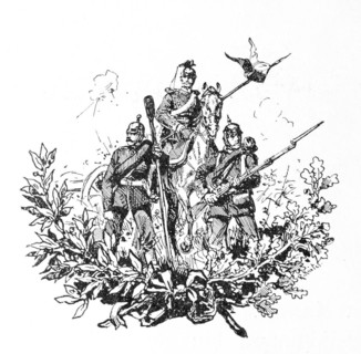 Drawing of three men in military dress with weapons and historical uniforms, a rider on horseback,