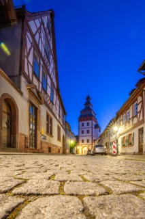 View of an old town, half-timbered houses and streets in a town. Seligenstadt am Main, Hesse
