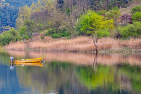 Small yellow metal fishing boat with small engine mount floating peacefully on a lake in South