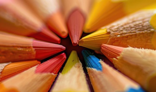 Close-up of a bunch of colored pencils, abstract background with colored pencils macro view AI