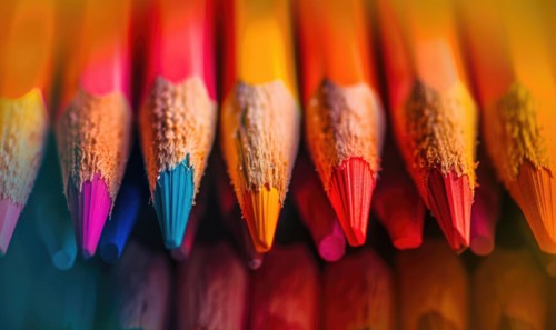 Close-up of a bunch of colored pencils, abstract background with colored pencils macro view AI