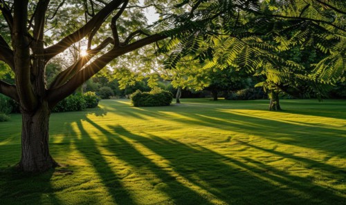 Laburnum tree branches casting shadows on a lush green lawn AI generated