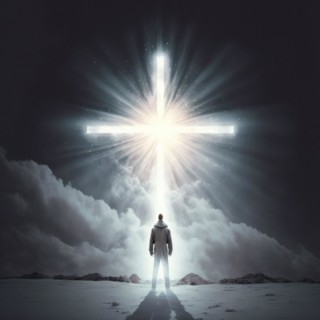 Figure approaches a radiant cross amidst clouds on a mysterious path, AI generated