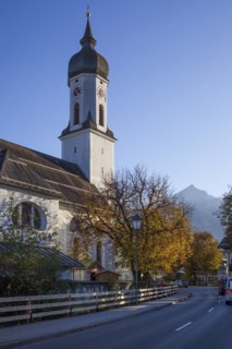St Martin's parish church in the evening light, Garmisch district, Garmisch-Partenkirchen,