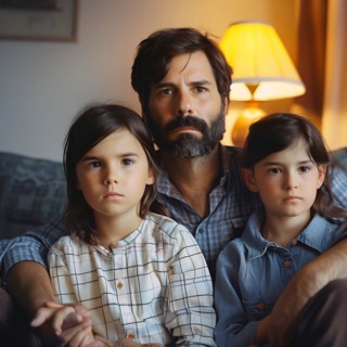 A serious father sits in the living room with his two daughters, apartment relocation, apartment