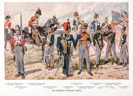 Historical, colour illustration, colour plate uniforms, Royal German Legion, soldiers and officers