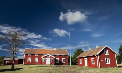 Falun red or Swedish red painted houses, farm, Geta, Aland, or Aland Islands, Gulf of Bothnia,