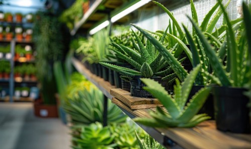 Aloe vera plants lining the shelves of a botanical shop AI generated
