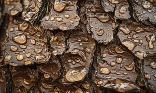 Close-up of cedar bark with raindrops clinging to its textured surface AI generated