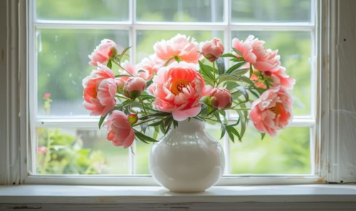 A vase filled with coral peonies on a windowsill AI generated