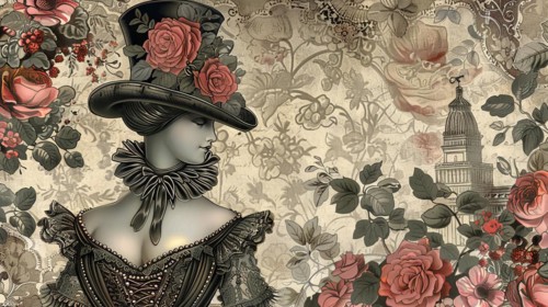 Illustration of a Victorian woman in silhouette with a floral background in sepia tones, ai