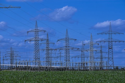 Power pylons with high-voltage lines at the Avacon substation in Helmstedt, Helmstedt, Lower