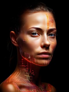 AI generated human portrait transitioning from lifelike human to a pixelated digital effect