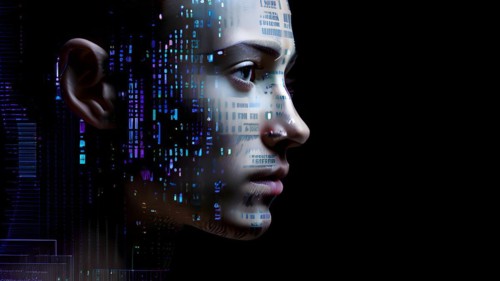 AI generated human portrait transitioning from lifelike human to a pixelated digital effect