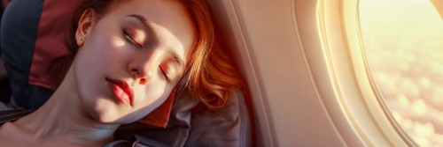 A young woman slumbers by the window in an aeroplane, surrounded by dawn, AI generated, AI