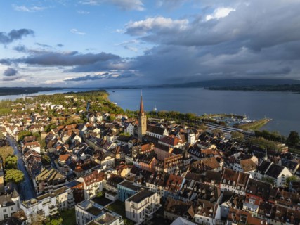 Aerial view of the town of Radolfzell on Lake Constance with the Radolfzell Minster in front of