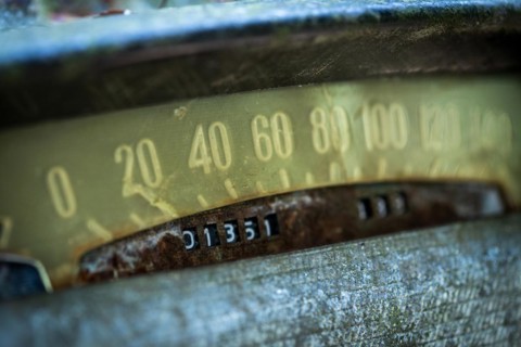 Old speedometer, dashboard, car cemetery Kyrkoe Mosse, Ryd, Tingsryd, Kronobergs laen, Sweden,