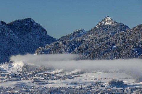View from the Eisenberg castle ruins over Zell to the Tannheim mountains, Allgaeu, Swabia, Bavaria,