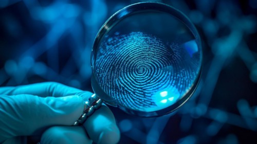 Crime scene with investigator wearing surgical glove viewing A fingerprint through the glass of a