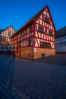 View of an old town, half-timbered houses and streets in a town. Seligenstadt am Main, Hesse