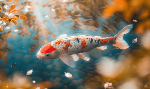 Close-up of a koi fish gliding through the clear waters of a pond AI generated