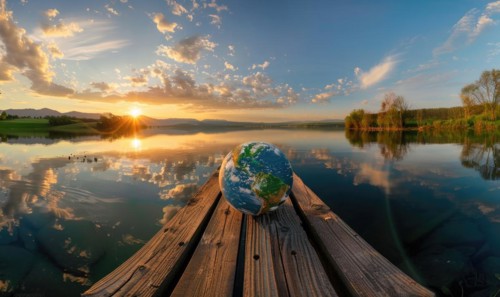 An Earth globe placed on a wooden dock overlooking a calm lake with a picturesque sky AI generated