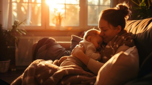 A mother is holding a baby on a couch. The baby is sleeping and the woman is holding it close to