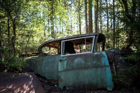 Ancient scrap car, Kyrkoe Mosse car graveyard, Ryd, Tingsryd, Kronobergs laen, Sweden, Europe