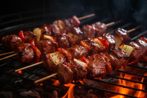 Shashlik scewers on barbeque. KI generiert, generiert, AI generated