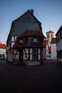 View of an old town, half-timbered houses and streets in a town. Seligenstadt am Main, Hesse
