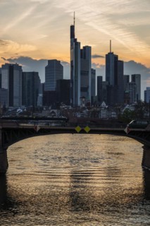Skyline and banking district at sunset, twilight, Tower 185, Commerzbank, HelaBa, Hessische