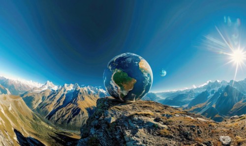 An Earth globe set against a mountain backdrop with a clear blue sky AI generated