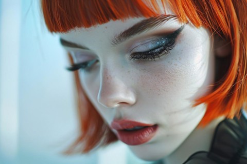 Portrait of young beautiful woman with pale skin and bright red hair with bob hairstyle with bangs